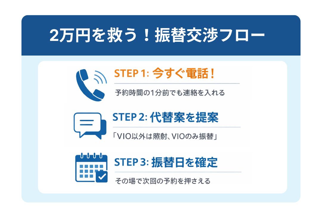 当日生理が来た際の脱毛振替交渉の手順。電話連絡、代替案の提示、振替日確定の3ステップを説明している。