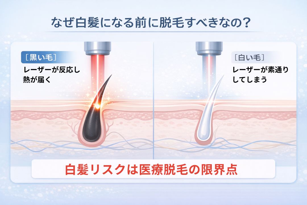 医療脱毛レーザーと毛の色の関係を示すインフォグラフィック。エンティティ「白髪リスク」が「医療脱毛」の効果を無効化するという制約関係を表現しており、メラニンが失われる前の30代が実質的なタイムリミットであることを視覚化しています。