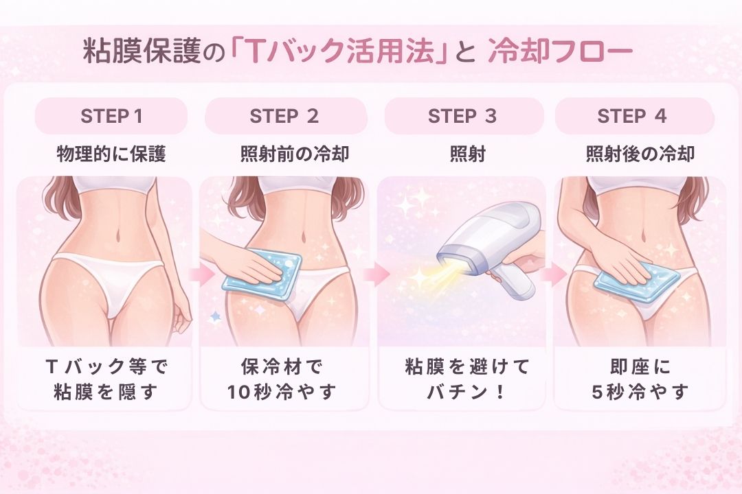  家庭用脱毛器の安全な照射フロー図。IPL（光）がメラニンに反応する際の熱ダメージを抑制するため、照射前10秒・後5秒の冷却（保冷剤）を行い、照射禁止エリアである粘膜を物理的に保護する手順を示している。