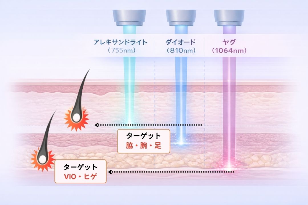 医療脱毛レーザー3種(アレキサンドライト、ダイオード、ヤグ)の波長と皮膚への深達度の関係を示す図。波長が最も長いヤグ(1064nm)が、VIOやヒゲの深い毛根(皮下組織)まで到達する「原因と結果」の論理構造を視覚化しています。